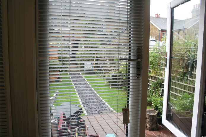 View through french doors of the garden studio